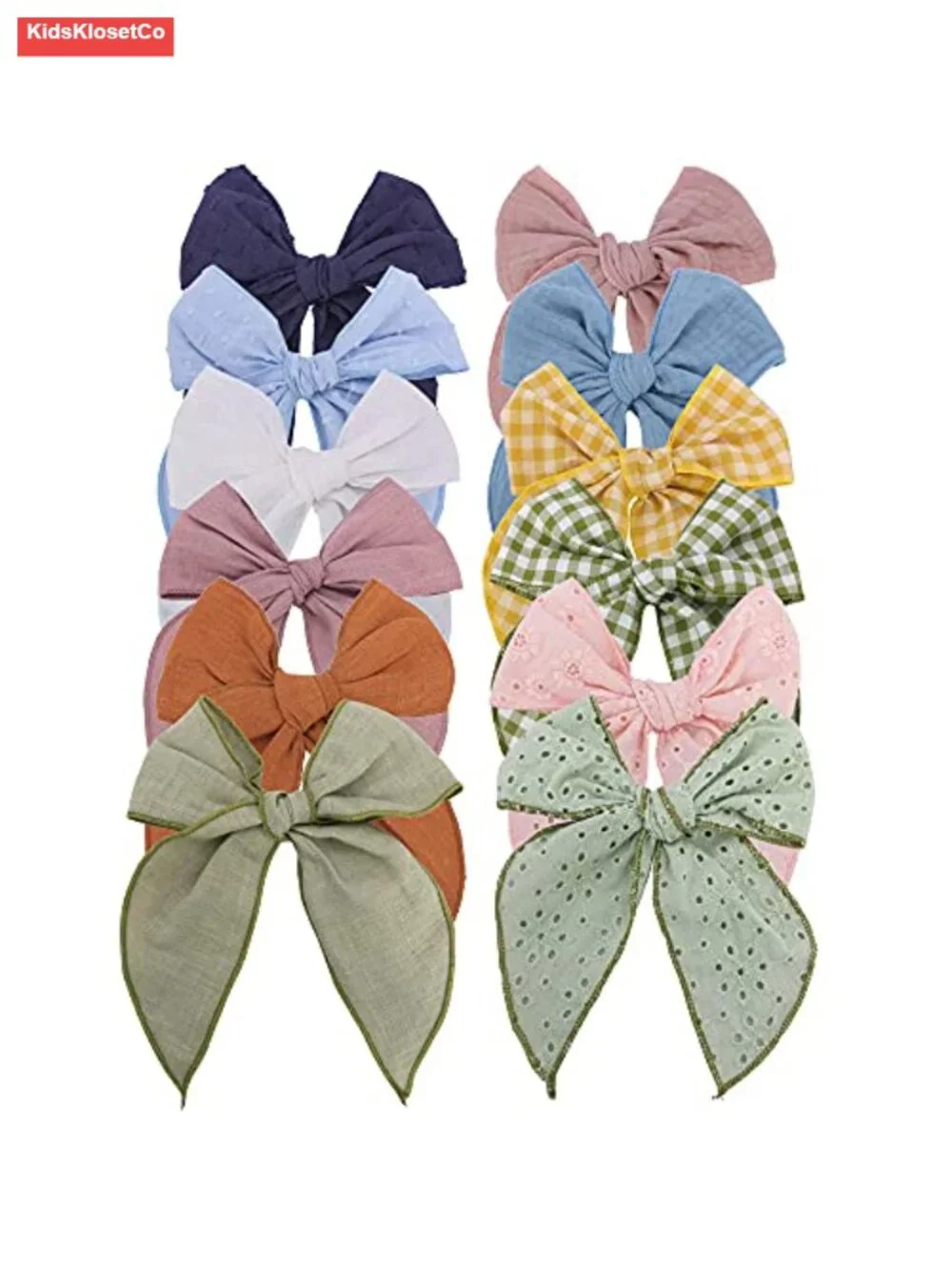 Handmade Linen & Cotton Bow Hair Clips Set of 12 Duckbill Clip